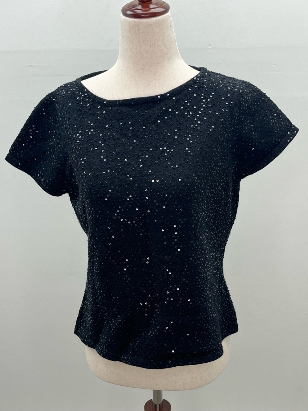 Talbots Womens 100% Merino Wool Black Sequin Short Sleeve Sparkle Sweater XL